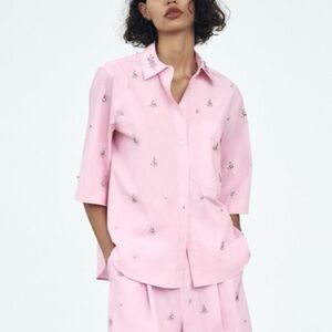 Zara Jewel Poplin Embellished Pink Rhinestone Top Size S